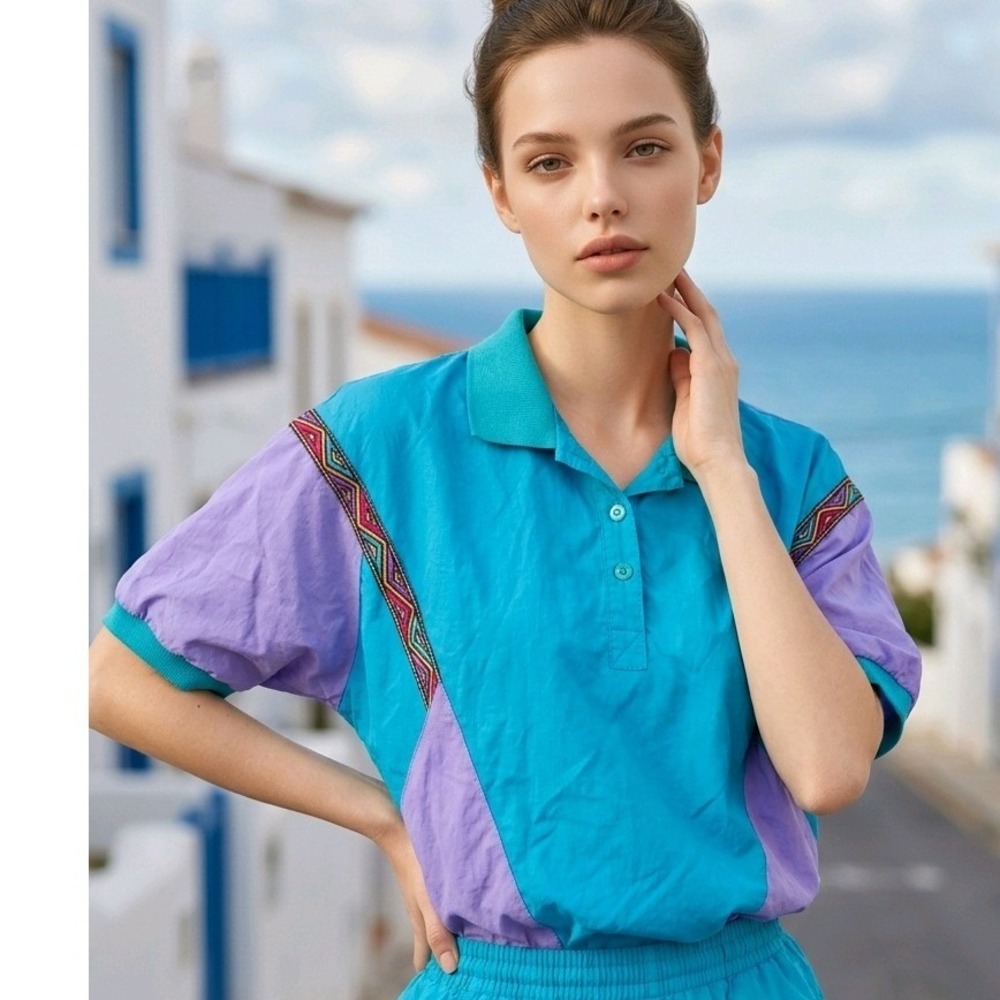 Lavon L 90s Windbreaker Shirt Retro Colorblock Vaporwave Aesthetic Teal Purple‎